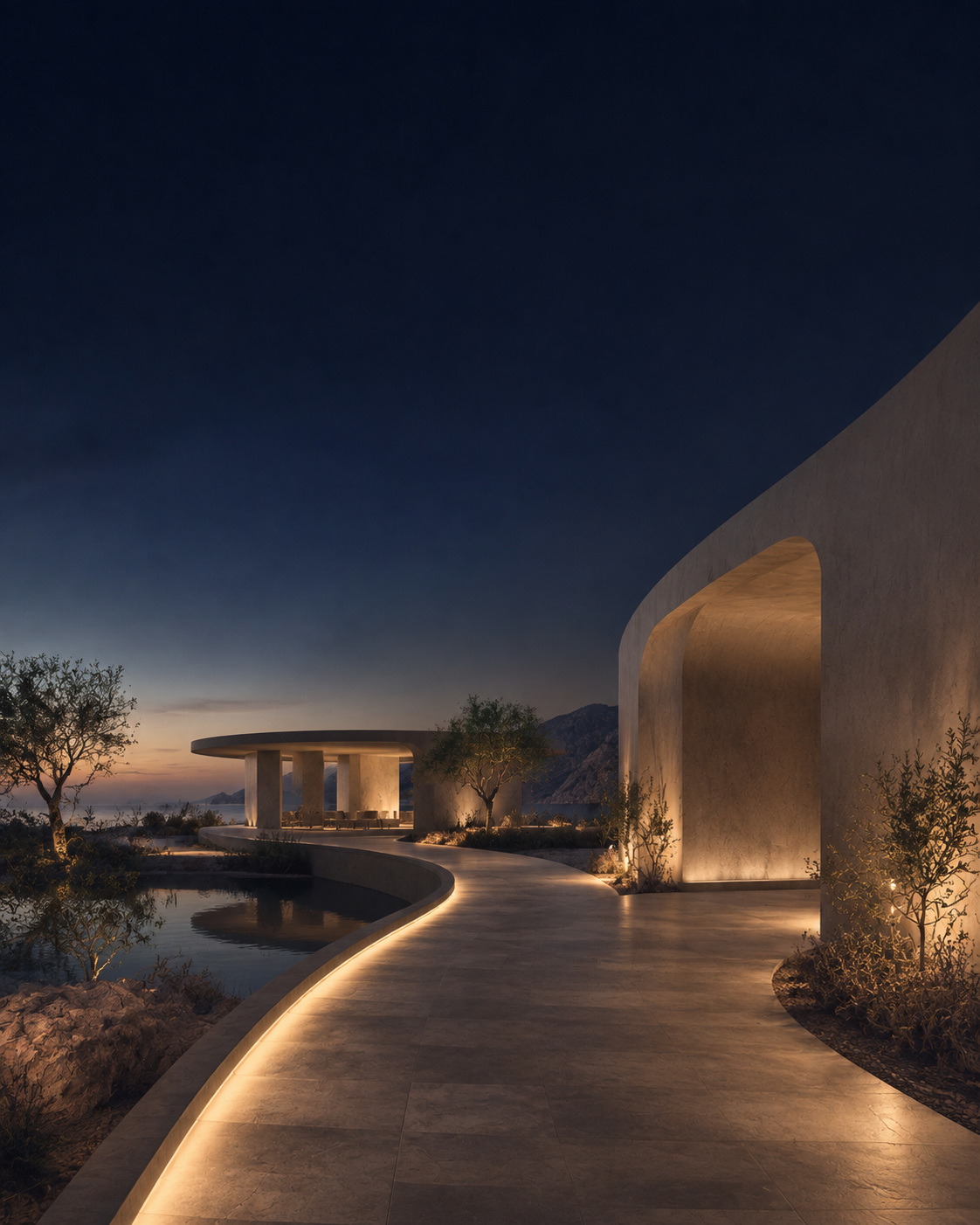 Twilight path through a future retreat